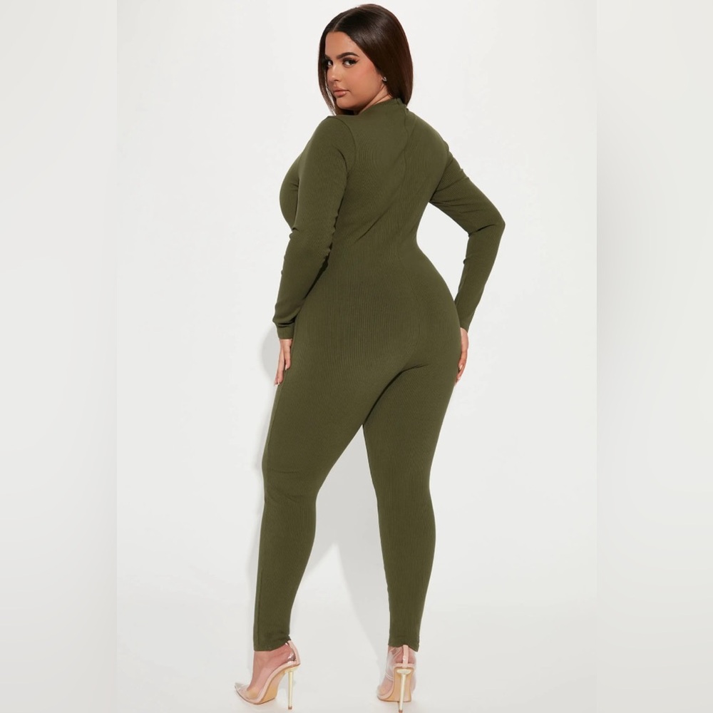 Olive Green Snatched Ribbed Jumpsuit size XL - Picture 4 of 10